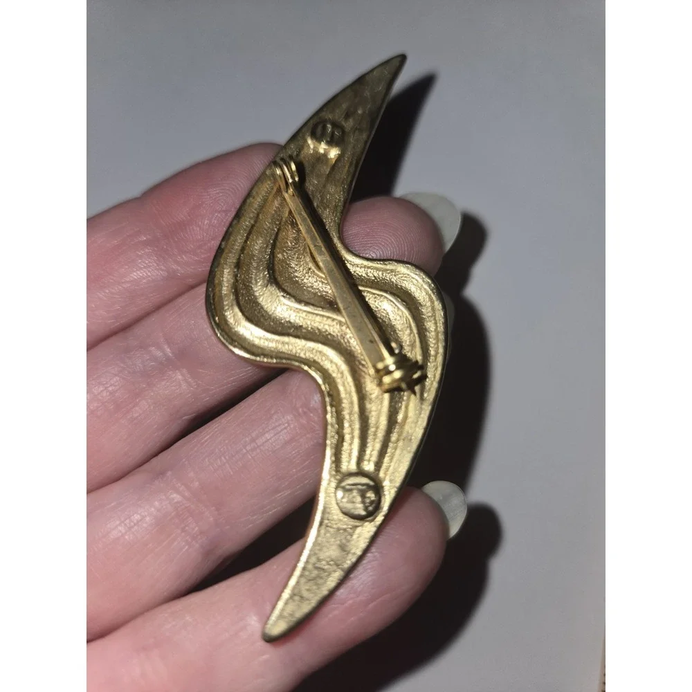 Vintage Gold Tone Abstract Ribbon Swirl Brooch Pin Brushed Textured LARGE